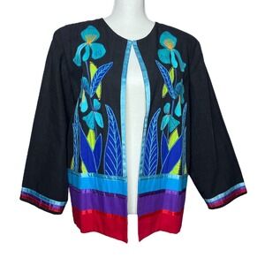 VTG‎ Diseños Delfís Telas Tlaquepaque Embroidered Floral Cotton Jacket Mexico L